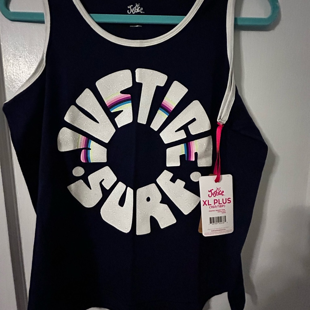 Justice Women's Navy and White Graphic Tank Top